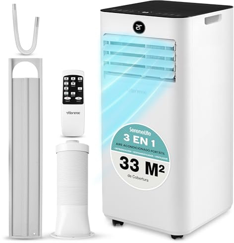 SereneLife portabel luftkonditionering och värme – mobil 9000 BTU AC med fönsterkit, tyst drift, 3 lägen, 12-timmars timer, WiFi-funktion, för hem och kontor