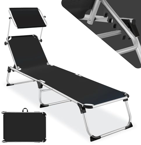 tectake® Aluminium Garden Lounger with Sunshade, Folding Lounger for Garden, Beach, Camping with 6 Adjustable Backrest Positions and Sunroof, Sun Lounger for Relaxation - black