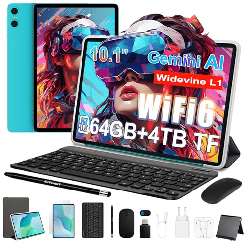 TECLAST P33 Tablet 10 Pulgadas Gemini AI, Android Tableta con 10 Accesorios, 64GB+4TB TF, 2GHz Octa-Core, Widevine L1, WiFi 6, 6000mAh/BT5.4/OTG, Tablet con Teclado+Lápiz+Funda+Ratón+Auriculares, 2026