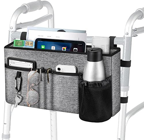 FINPAC Walker Tasche, Große Tasche mit Getränkehalter für Gehhilfen Gehgestell Rollator, faltbare freihändige Walker-Aufbewahrungstasche für Senioren, Grau