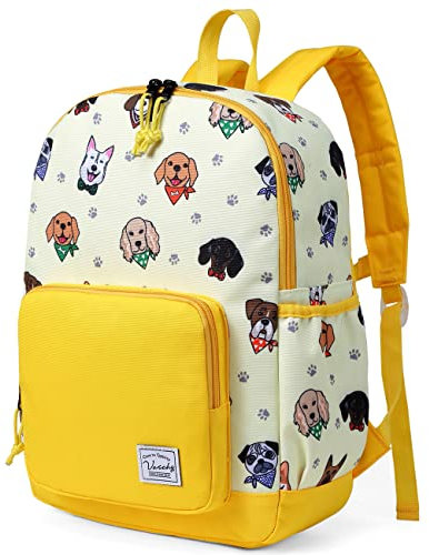 VASCHY Kids Backpack, 13L School Bag for Boys and Girls 4-6Years Water Resistant Toddler Dinosaur Rucksack Children's Backpack with Elastic Water Bottle Pockets for Elementary School(Yellow Puppy)