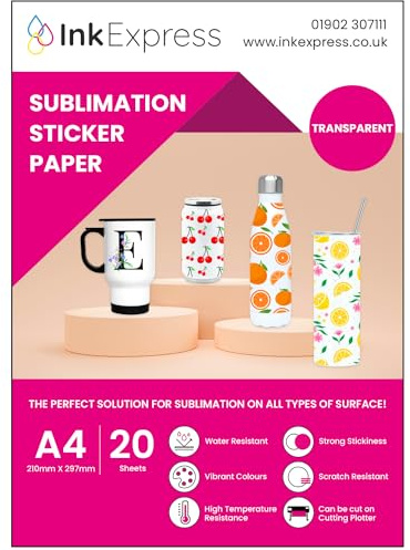 Ink Express Carta adesiva trasparente per sublimazione, formato A4, compatibile con stampanti a sublimazione Epson, Sawgrass, colori vivaci, lucida, trasparente, resistente all'acqua (20)