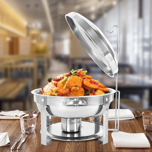 Chafing Dish, rund, med glaslock med en behållare för brännpasta och matpanna, varmhållningsbehållare, matvärmare, behållare, silver, 7,5 l