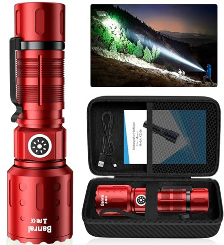 Flashlights High Lumens Rechargeable, 20000 Lumens Super Bright 1500 Meters Long Range Small Powerful Flashlight, 6 Modes LED Tactical Pocket Waterproof Flash Light for Home Emergency (1, Red)