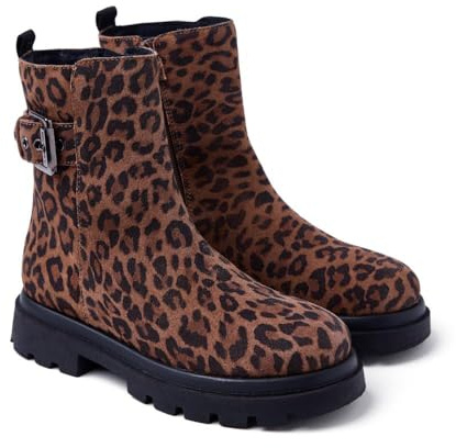 GIOSEPPO, Modelo TINTAH, Botas de piel serraje para niña con estampado animal y hebilla. Suela tipo track.