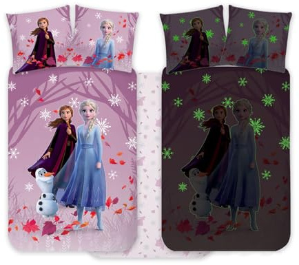Brandmac Frozen Elsa & Anna sängkläder set 100 x 140 cm & örngott 40 x 45 cm, 100 % bomull | Lys-i-mörkret påslakanset för barn | vändbart bäddset för flickor | magiskt barnsovrum