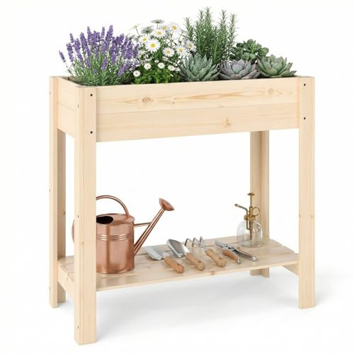 GOPLUS Upphöjd säng utan hjul, trädgårdsbädd med hylla och dräneringshål, planteringsbädd av gran för trädgård och terrass, natur (80 x 37 x 78 cm, utan rullar)