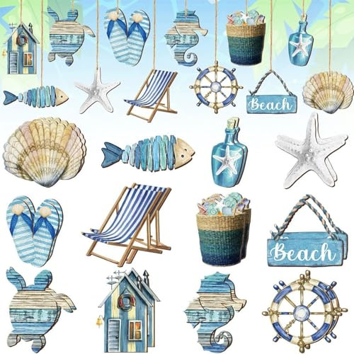 MOAZIFI 24 Stück Holzdekorationen Für Maritime Deko, Fischernetz Deko, Natürliche Holz-Hängedeko Für Wohnzimmer, Schlafzimmer, Restaurants Und Hotels