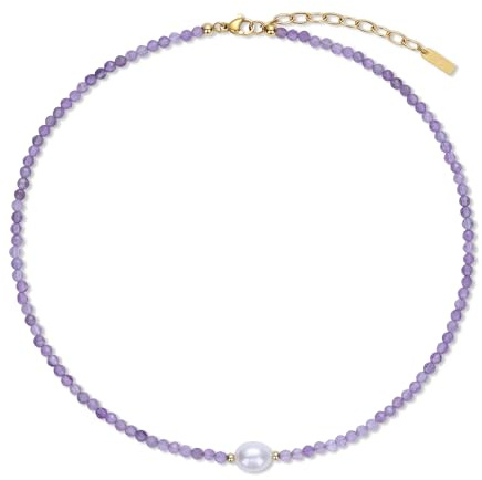 COAI Fint halsband för kvinnor med fasetterade pärlor av naturlig kristall och äkta sötvattenspärla - grön agat, granat, ametist, citrin och röd karneol, 40+5cm, Sten, Ametist Pärla
