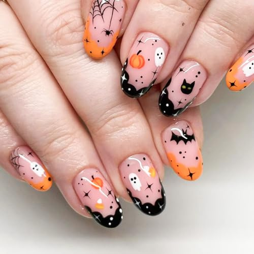 24pcs Halloween Press On Nails - Halloween False Nails With Glues - Glossy Short Oval & Almond Stick On Nails For Women - Cute Bat Design With Orange & Black French Lines