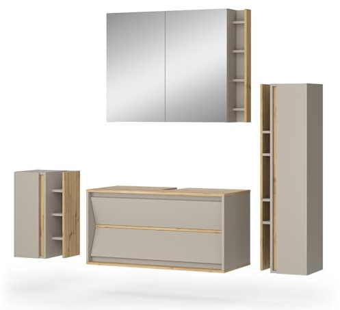 Vicco Badmöbel-Set Edelin, Cashmere, 100 cm, besteht aus Waschbeckenunterschrank, Spiegelschrank, Midischrank und Hängeschrank