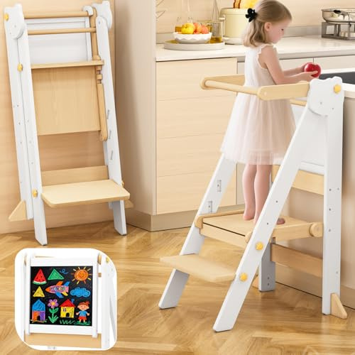 Foldable Toddler Tower, Wooden Toddler Kitchen Stool with 3 Adjustable Heights and Removable White/Blackboard, Montessori Foldable Learning Tower Kitchen Stool, Natural Wood