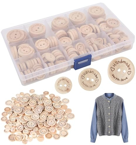 HORREX 140 Piezas Botones de Madera Redondos Naturales, Tamaños Mixtos 15/20/25 mm, Botones Redondos Pequeños con 2 Agujeros, Adecuados para Coser Decoraciones Artesanales de Bricolaje