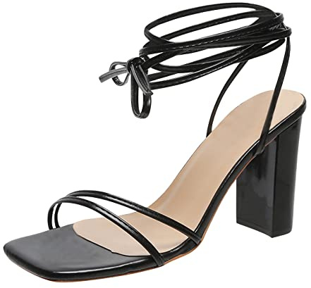 Romersandaler dam snörning, remsandaler dam med klack, svarta sommarsandaler, blockklack, fritidsskor, eleganta fritidssandaler, bekväma sommarskor, kvadratiska tåhätta, sandaletter, svart, 37 EU