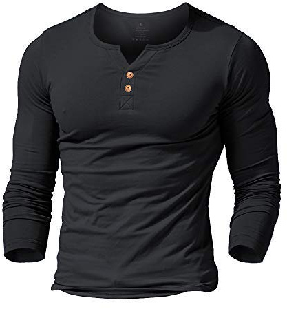 Mens Long Sleeve Muscle Slim Fitted Cotton Henley T-Shirt with Buttons Black M