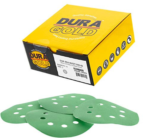 Dura-Gold - Premium - 1500 Grit - 5 Green Film Sanding Discs - 8-Hole Dustless Hook and Loop for Random Orbit DA Sander - Box of 50 Finishing Sandpaper Discs for Woodworking or Automotive