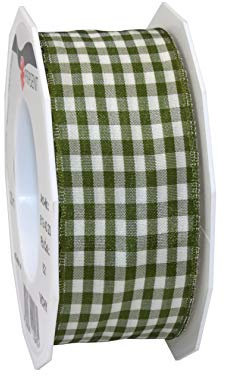 PRÄSENT Vichy Geschenkband mit Drahtkante Olive/créme, 20 m Dekoband zum Verzieren & Basteln, 40 mm Breite, Kariertes Band für Bunte Dekos & Geschenkverpackungen, zu feierlichen Anlässen