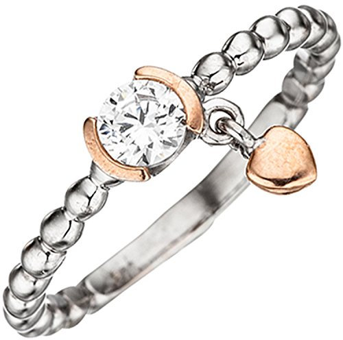 Jobo Damen-Ring Kugel-Ring aus 925 Sterling Silber Bicolor mit Zirkonia und Herz-Anhänger Größe 58