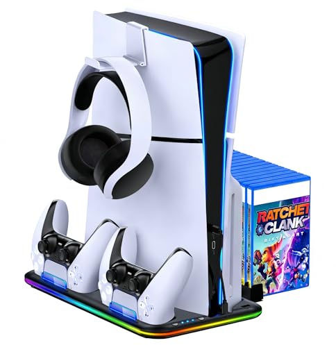 Cooling Stand for PS5 with Dual Controller Charging Station Compatible with PS5 Pro/Slim Disc & Digital Console, Vertical Stand with 3-Speed Fan, 15 Game Disc Slots, Headphone Hook, LED Lights, Black