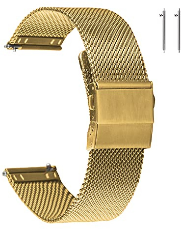 EACHE Edelstahl Mesh Uhrenarmband 18mm Gold, Schnellverschluss, Verstellbar