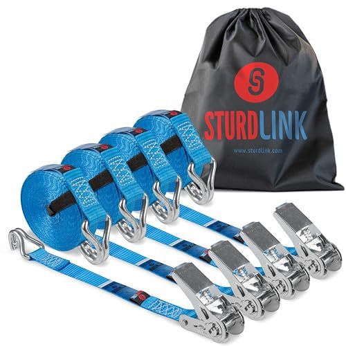 Cinchas de Amarre de Trinquete con Gancho 5m 25mm 400kg/800kg | Tensor de Carraca | Correas Cintas Eslingas Pequeñas | Transporte Camion Moto Quad Remolque | Juego de 4 | EN 12195-2 Sturdlink