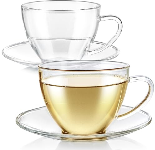 Teabloom Royal Teacup and Saucer Set 2-Pack – Standard Teacup Size – 6 OZ/ 180 ML Capacity – Crystal Clear Classic Design – Premium Borosilicate Glass – Durable and Heat Resistant