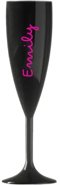 Personalised Champagne Love Flute Glass TV Any Name Font Colours Wine Cocktail Prosecco Gift (Black Flute - Pink Text)