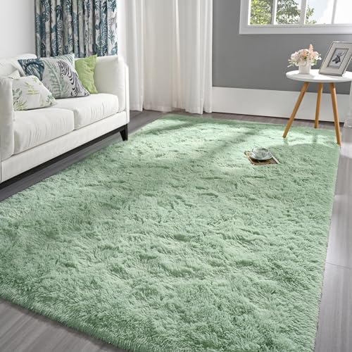 Pettop Flauschiger Salbeigrün Teppich für Schlafzimmer, Wohnzimmer, 90 x 150 cm, Rechteckiger Plüsch für Mädchen, Kinder, Jungen, rutschfest und Waschbar für Kinderzimmer
