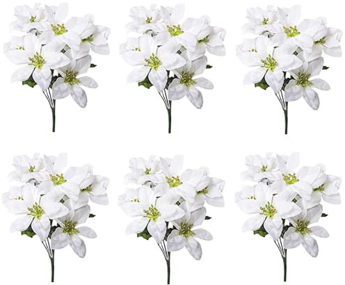 TIAVNTD Lot de 6 bouquets de poinsettia artificiels blancs - 7 tiges de chaque - Décorations de vacances pour l'intérieur ou l'extérieur