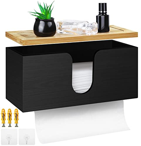 TURSTIN Wood Paper Towel Dispenser Folded Paper Towel Holder with Lid for Countertop and Wall Mounted, Wall Mount Paper Towel Holder Napkin Holder for Home. Bathroom, Kitchen, Black