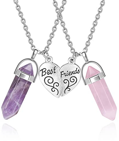 JSDDE Pendentif en Pièrre Hexagonale Collier Puzzle en Acier Inoxydable Pendentifs Quartz Pointu Pièrres Précieuses Collier Coeur Personnaliser best friend 2pcs
