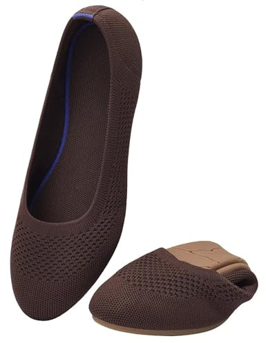 Puxowe Ballerine Femme Rond Tricot Pointe Chaussures Plates Confort Cale Bas Slip on Walking Robe Chaussures pour Femmes Doux 37 EU Marron Foncé