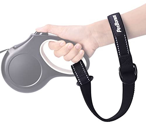 PetBonus Short Dog Lead, Safety Wrist Strap for Retractable Dog Lead, Reflective Design and Adjustable Soft Padded Handle, Extra Layer Security for Pet Stroller (Black)