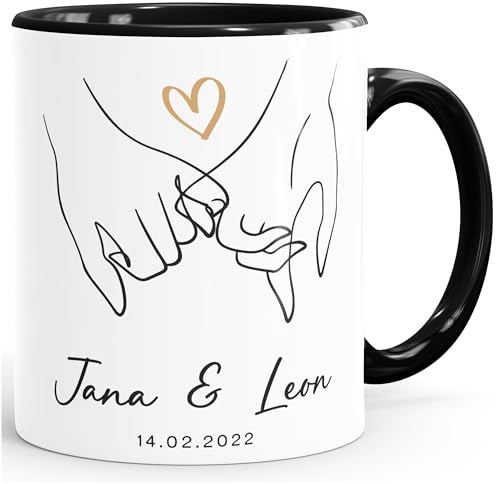 SpecialMe® Kaffee-Tasse Liebe personalisiert mit Name und Datum Hände Paar Herz Liebes-Geschenk Freundin Mann Weiss-innen-schwarz standard
