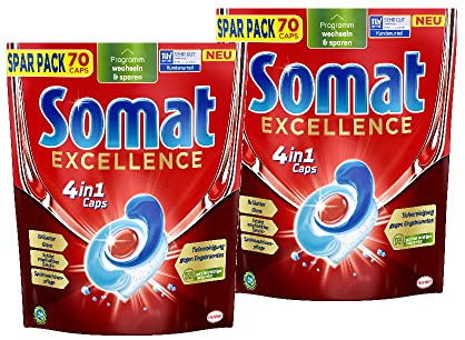 Somat Excellence 4in1 Caps (2x70 Caps), schnellauflösende Spülmaschinentabs, Somat Caps für exzellente Reinigung & Glanz sogar im Eco-Programm & bei niedrigen Temperaturen