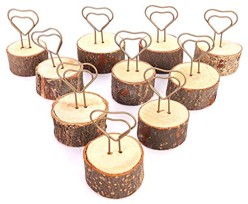 10 Pezzi Supporti per Cartellini Segnaposto, Porta Memo con Base Legno, Supporto Numero Posto Legno, Porta Cuore Clip in Legno Stile Retrò Memo Decorativo per Matrimonio, Foto