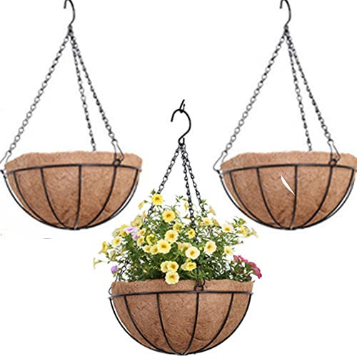 2 Pack Metal Hanging Planter Baske with Coco Coir Liner Round Wire Plant Holder Chain Porch Decor Flower Pots Hanger Garden Decoration Indoor Outdoor Watering Hanging Baskets (10 INCH)