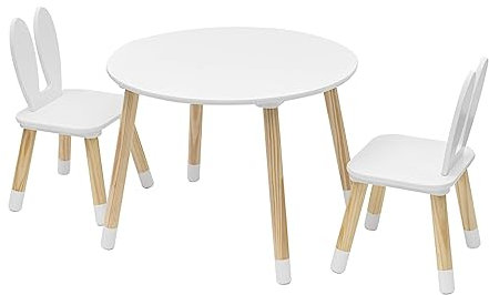 Rebecca Mobili Set Tavolino E Sedie Per Bambini, Tavolo Bambini Con Seggiole, Bianco Marrone, MDF Pino, Per Cameretta Asilo - Misure: 44 x 60 x 60 cm / 50 x 28 x 25 cm - Art. RE6849