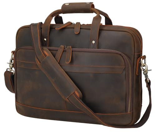 Masa Kawa Leather Briefcase for Men 15.6 Inch Laptop Shoulder Bag Brown