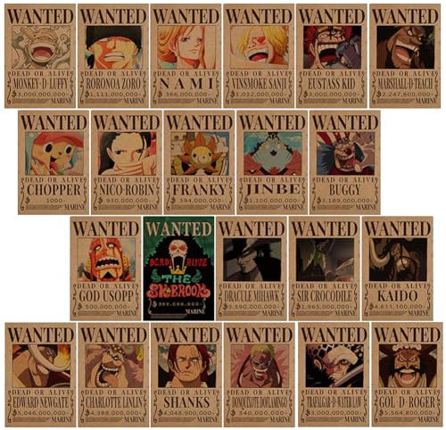 OnePiece Anime Premium Poster Set - 22 Stück Wanted Bounty Ästhetische Bilder Wand Dekoration Collage Kunstposter für Zimmer, Wohnzimmer, Wohnheim - Geburtstagsgeschenk