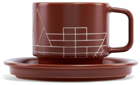 Tea Forte Terra Stoneware Teacup with Saucer, Frank Lloyd Wright, 8 oz. Stoneware Teacup for Steeping Pyramid Infusers, Dishwasher & Microwave Safe