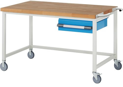 eurokraft | Fahrbare Werkbank Serie 8000 | Gestellbauweise | 1 Hängeschublade | BxT 1500 x 900 mm