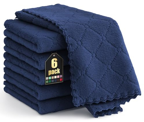 Moosfor Cleaning Cloths, Microfibre Cloths, Absorbent Washable Cleaning Cloths, Microfibre Car Care, Polishing Cloth, Soft Lint-Free Tea Towels, Kitchen Towels, Pack of 6, 30 x 30 cm, Navy Blue