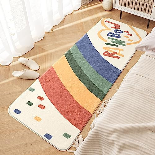 ZOKBOM Fluffy Area Rug, Soft Thick Mini Kids Rugs Anti-Slip, 40x120cm Modern Faux Cashmere Bedroom Rug Runners for Hallway Living Room Sofa Decor Kids Room (Rainbow)