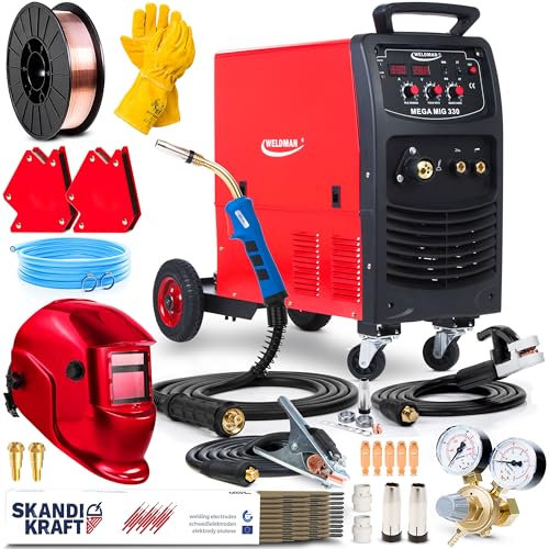 Weldman MEGA MIG 330 - poste a souder mig avec gaz 400V 16,5-27,5V 330A - MIG, MMA, fil fourré - inductance, soudobrasage - 2T/4T, chariot robuste, 4 roulettes - IGBT - Kit premium
