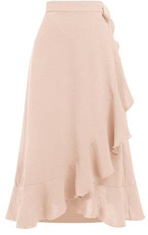 Odizli Wickelrock Damen Midi Rock Sommerrock Elegant High Waist Rüsche Vokuhila A-Linie Swing Midirock Faltenrock Sommer Lang Maxirock Festlich Hochzeit Hochzeitsgast Röcke Beige M