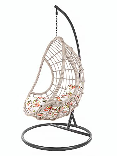 Kideo Komplettset: XXL Hängesessel mit Gestell & Kissen, Korbsessel, Poly-Rattan, grau-beige (Kissen: Chesterstepp geblümt [3761 Roses], Korb: grau-beige Melange, Gestell: dunkelgrau)