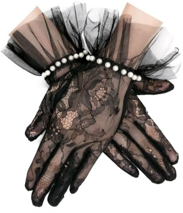 Long Keeper Spitzenhandschuhe für Damen, kurze Perle, Hochzeitshandschuhe, Tüll, Opernhandschuhe, Brauthandschuhe, Vintage-Stil, Vollfinger-Abendhandschuhe für Hochzeit, Abschlussball, Party, Kostüm,