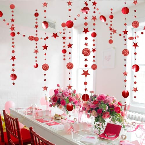 52 Ft Rot Glitzer Papier Circle und Stern Garland,4 Stücke Hängende Runde und Stern Garland für Geburtstag Brautparty Babyparty Hochzeit Valentinstag Party Dekorationen