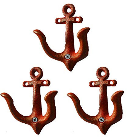 Handtuchhalter 3er Set Maritime Deko Garderobe Antik Gusseisen Wandhaken Kleiderhaken Anker Doppelhaken Wandgarderobe Vintage Gartenhaken (Antik Schwarz)